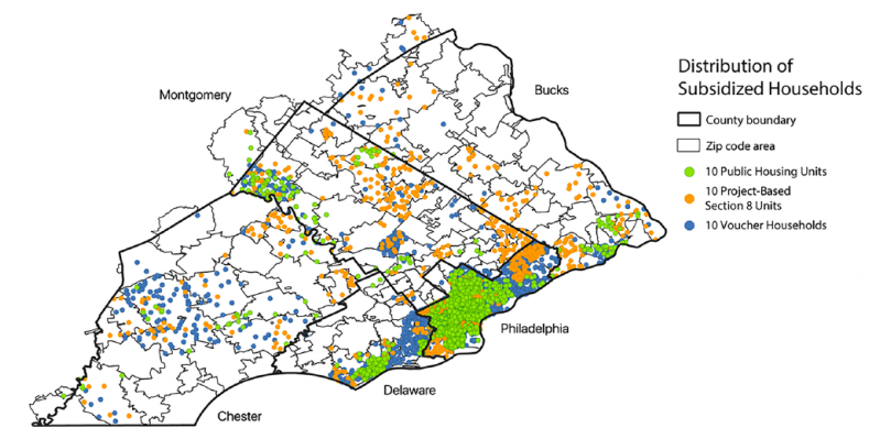 The distribution of subsidized households across Southeastern Pennsylvania, with project-based units concentrated in urban areas.